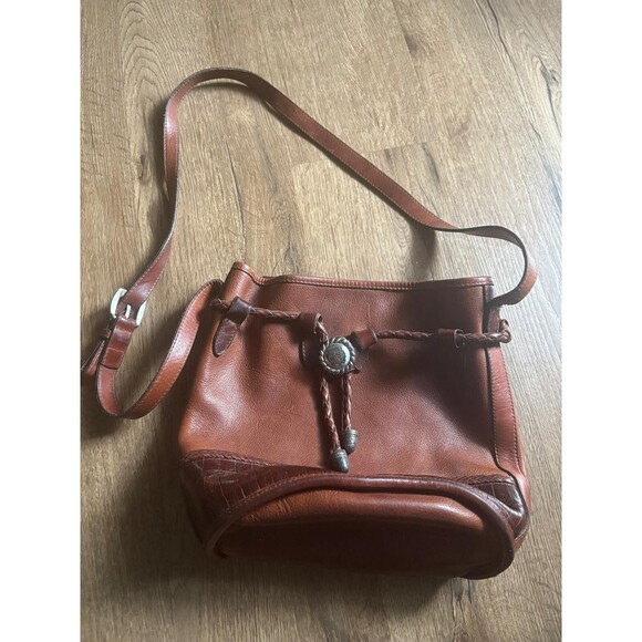 BRIGHTON Bucket Bag Purse Vintage 90s Brown Crocodile Leather Drawstring - Picture 1 of 7